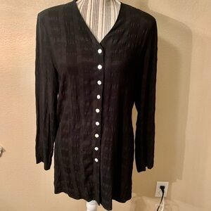 Vintage A.K.F. New York Long Rayon Blouse Medium Black Pattern Made in U.S.A.